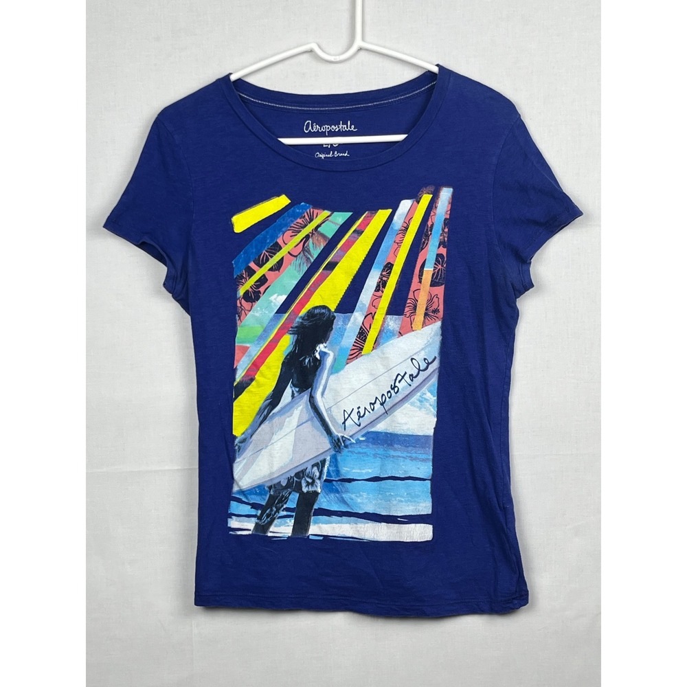 Aeropostale Graphic T-Shirt Womens Large Surfer Girl Tropical Blue Cotton L
